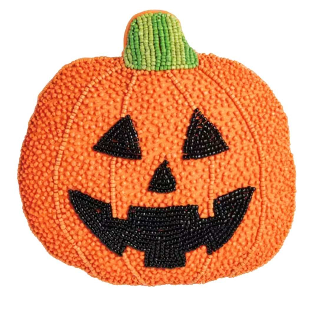 An orange pumpkin-shaped beaded ornament with a green beaded stem and a black beaded jack-o'-lantern face, shown on a plain white background.