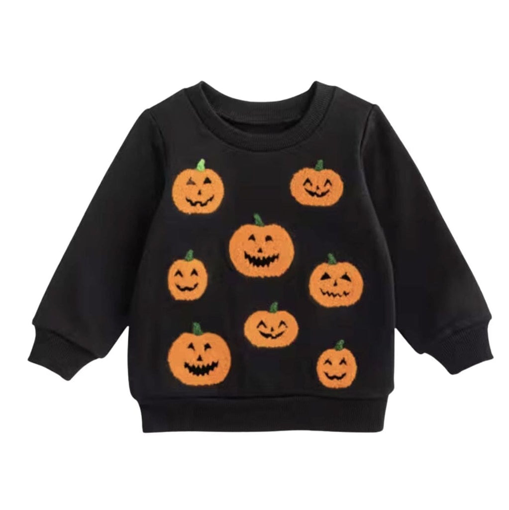 A black long-sleeve crewneck sweatshirt featuring a playful pattern of orange knitted jack-o'-lantern pumpkins with green stems, displayed on a clean white background.
