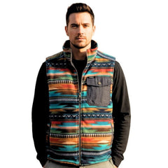 Man wearing reversible denim and fleece vest on white background