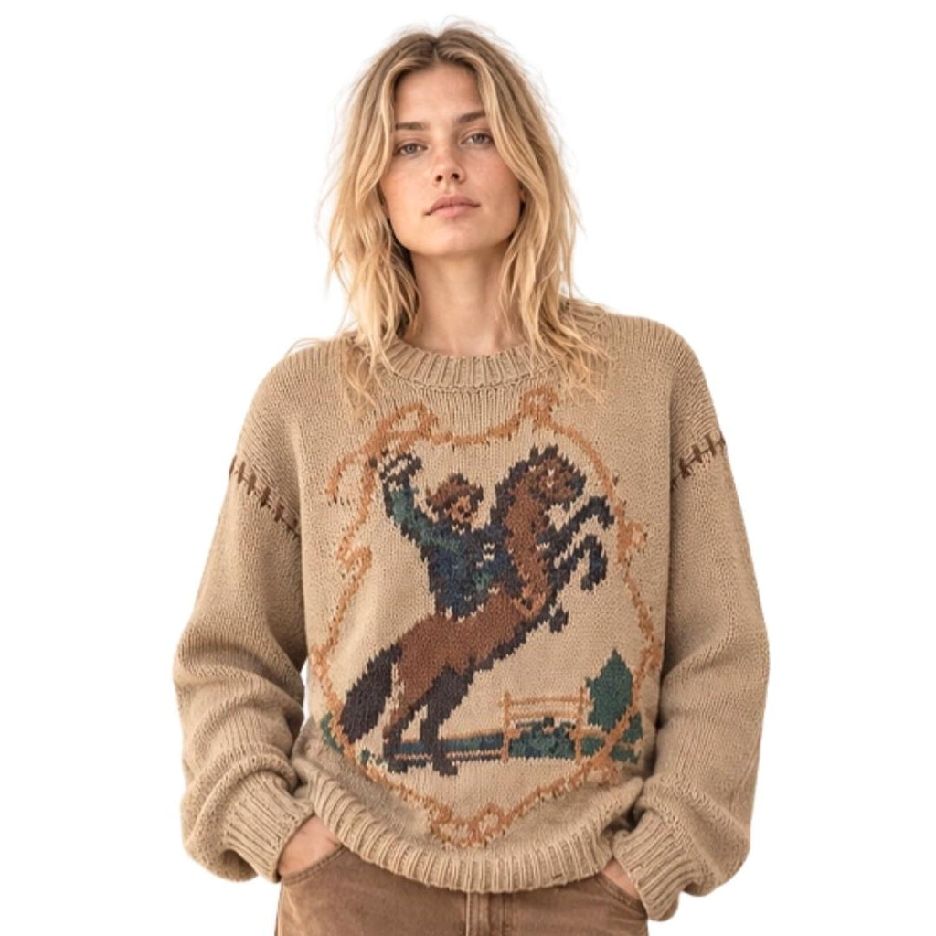 Female model wearing Saddle & Stitch Western Sweater with Horse on white background