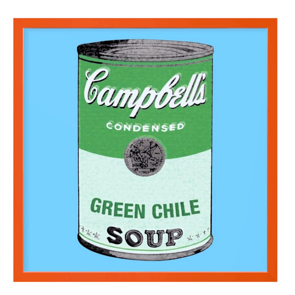 Campbell's Green Chile Soup can with a blue background and orange border inspired by Andy Warhol 