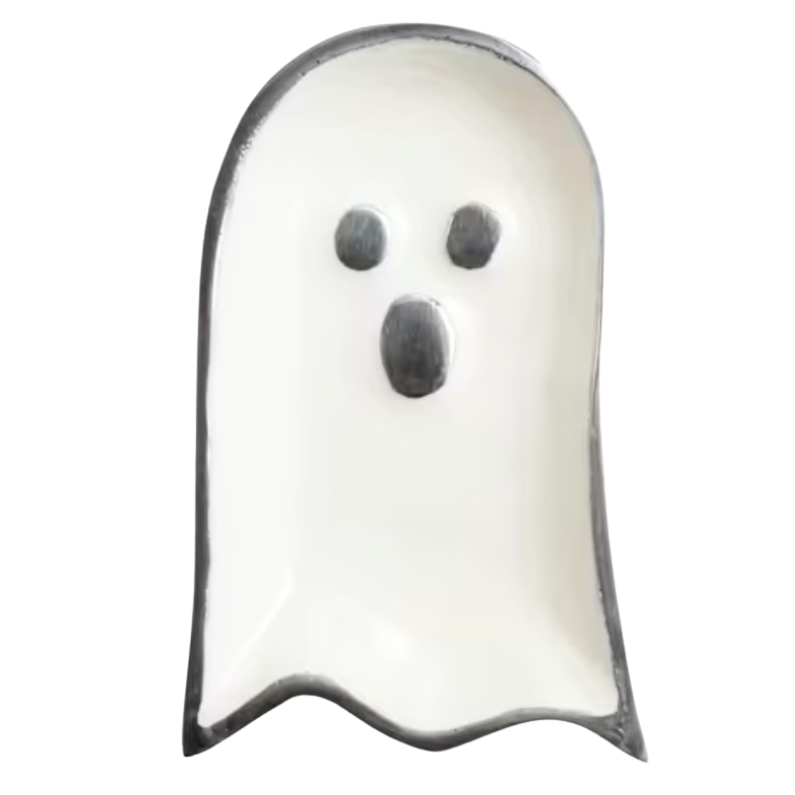 A ghost-shaped ceramic plate with a white glaze, hand-painted black eyes, and a black mouth, outlined with a dark gray border, shown on a plain white background.