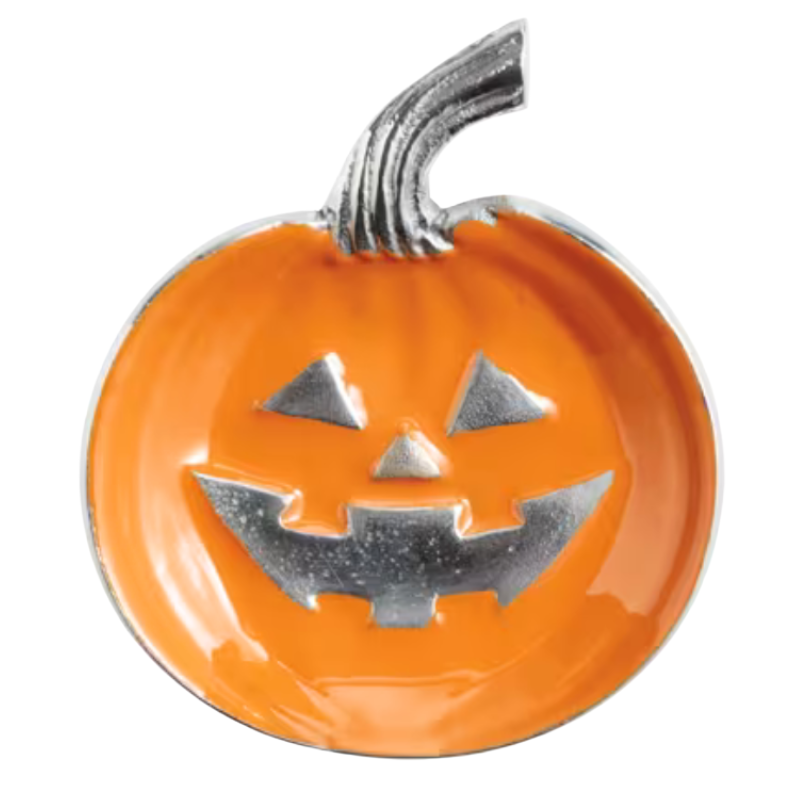 An orange pumpkin-shaped dish with a silver metallic rim, stem, and carved jack-o'-lantern face, isolated on a white background.