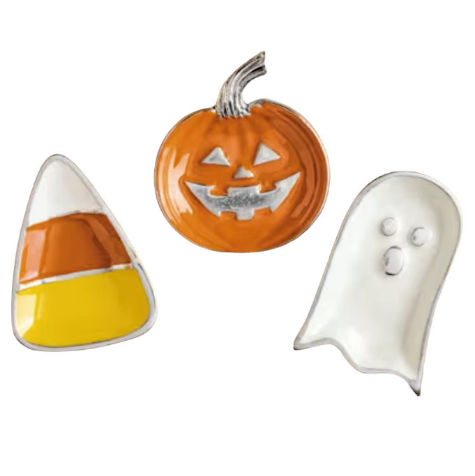 Three Halloween-themed enamel trays on a plain white background: a candy corn pin on the left, a jack-o'-lantern pin in the center, and a ghost pin on the right.