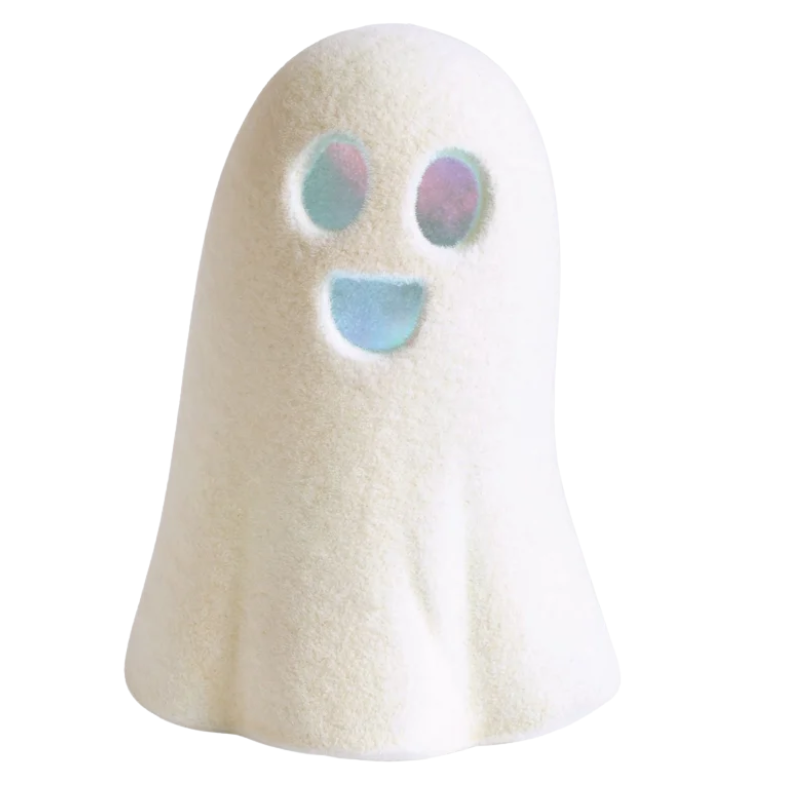 A white plush ghost toy with embroidered eyes and a smiling mouth, shown against a plain white background.