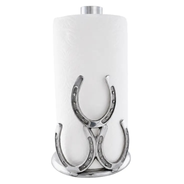 A silver metal paper towel holder with a decorative horseshoe design, holding a white paper towel roll, shown against a plain white background.