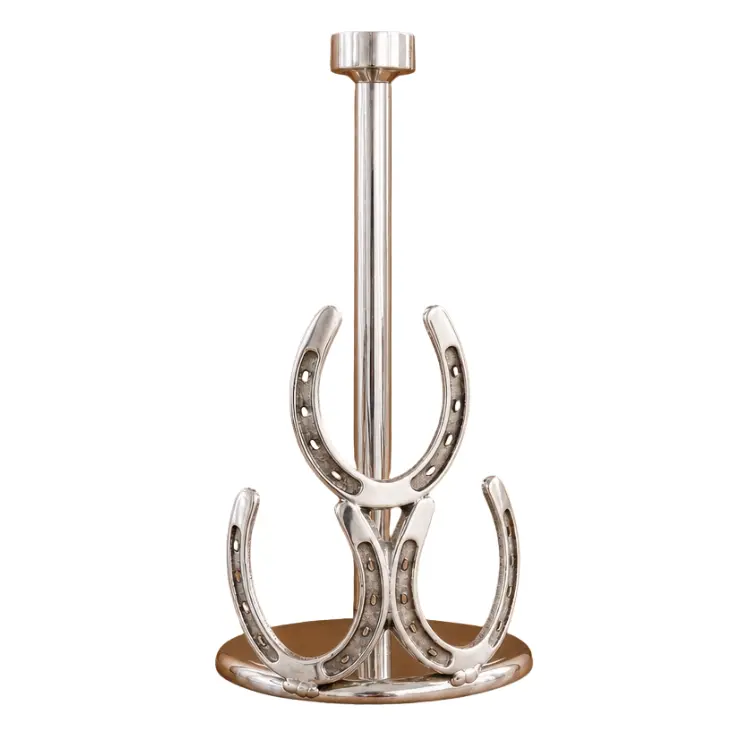 A polished silver metal horseshoe-shaped paper towel stand with a vertical pole and circular base, photographed on a plain white background.
