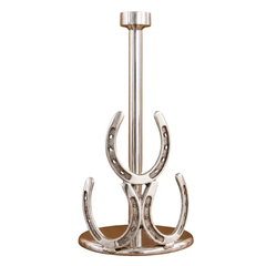 A polished silver metal horseshoe-shaped paper towel stand with a vertical pole and circular base, photographed on a plain white background.