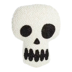 A skull-shaped decorative item made of white textured beads with black beaded details for the eyes, nose, and teeth, shown on a plain white background.