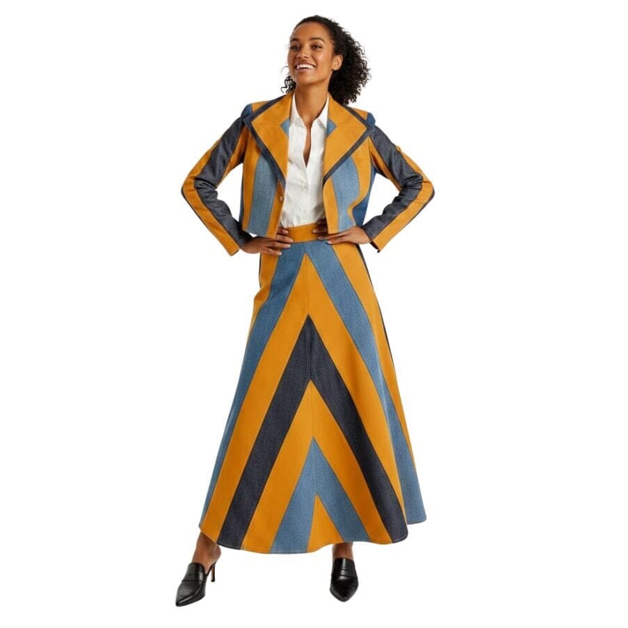 A woman modeling a matching two-piece skirt suit with a bold chevron pattern in camel brown and denim blue, styled with a white collared shirt and black heels against a plain white background.