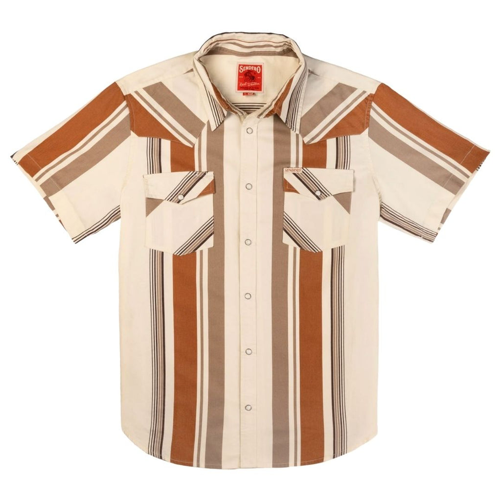 A short-sleeve button-up Western shirt with a retro striped pattern in beige, brown, and white, featuring two chest pockets and a red neck label.