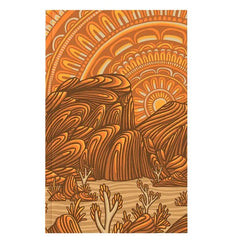 A vertical rectangular art print featuring an abstract desert landscape with layered rock formations, sun, and ornate circular patterns in orange, brown, and beige tones, centered on a white background.