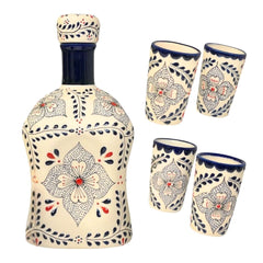 Talavera Tequila Decanter Set with Blue and Red Floral Motif design on white background