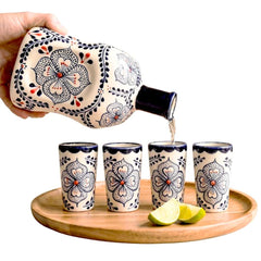 Talavera Tequila Decanter Set with Blue and Red Floral Motif design on white background