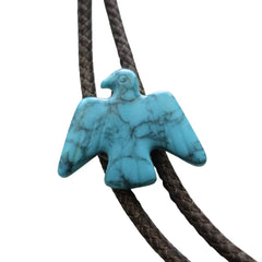 A turquoise bird-shaped pendant on a dark brown braided rope necklace, shown against a plain white background.