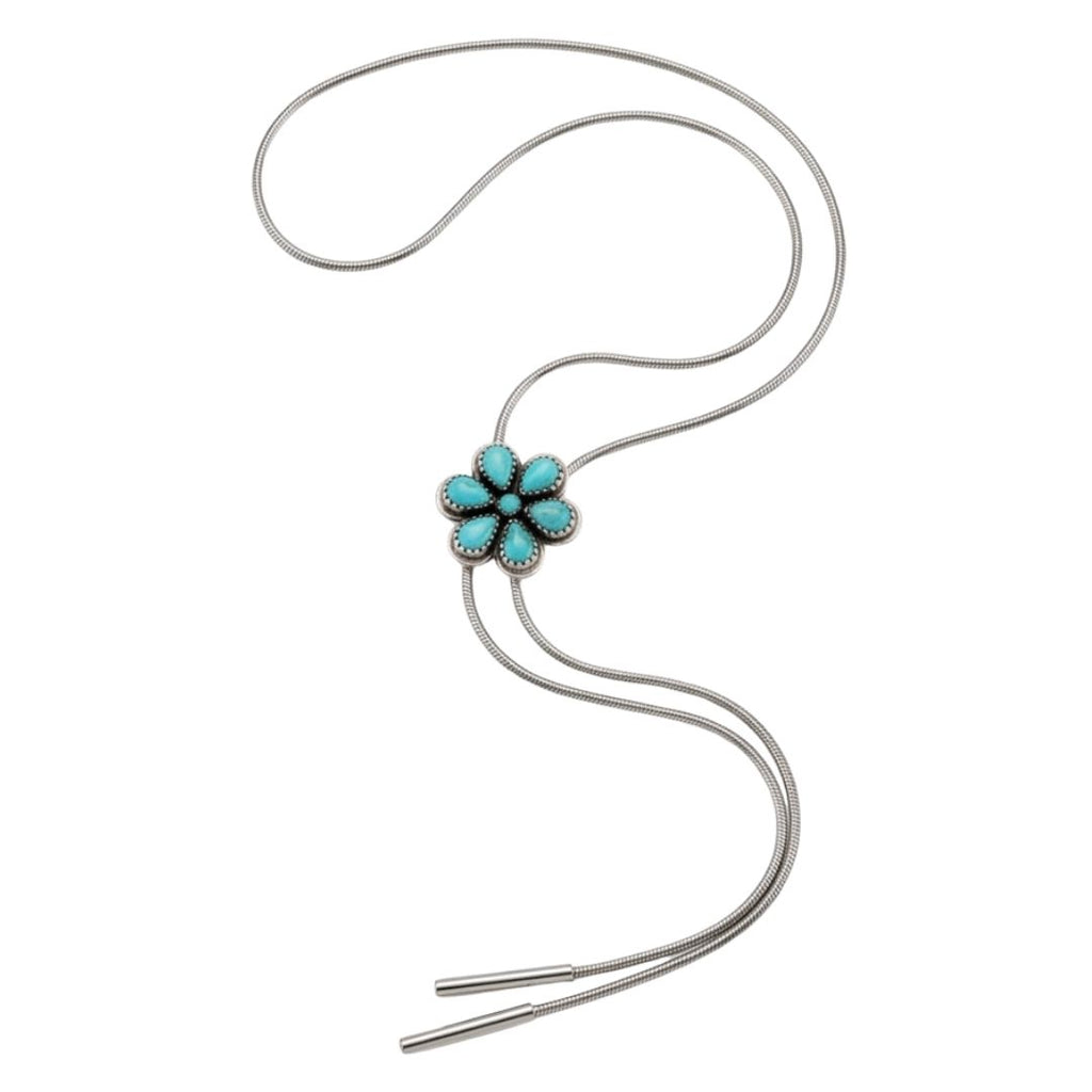 A silver bolo tie necklace featuring a five-petal turquoise flower centerpiece set against a plain white background.