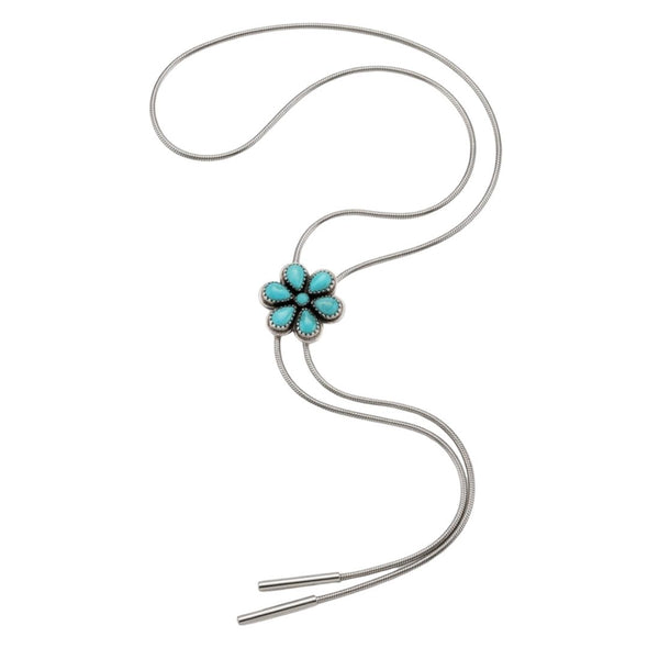 A silver bolo tie necklace featuring a five-petal turquoise flower centerpiece set against a plain white background.
