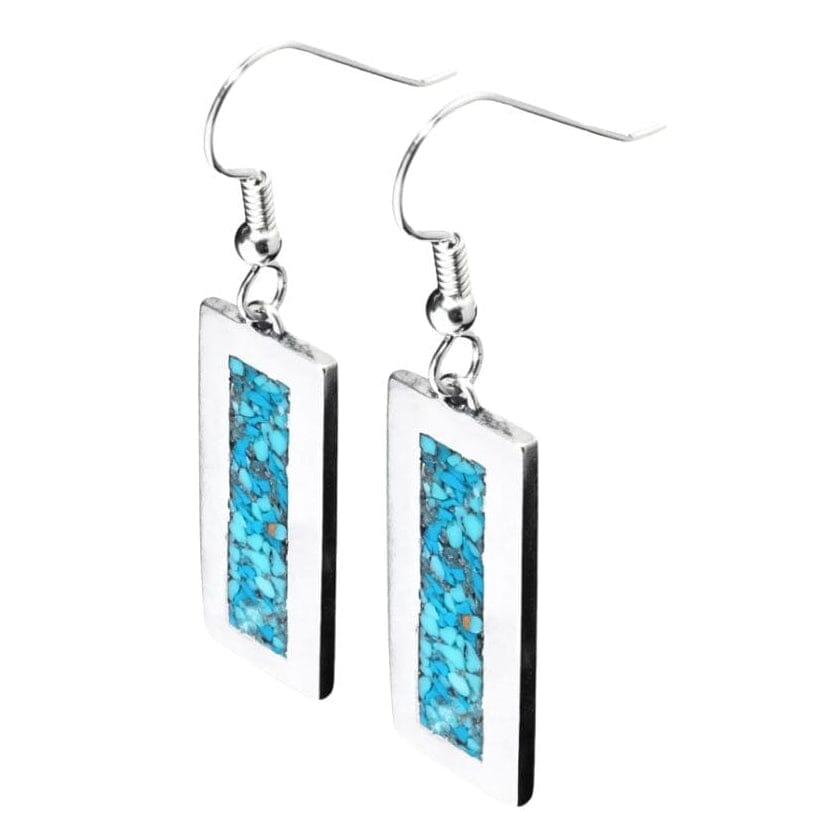A pair of silver drop earrings with rectangular silver-toned pendants featuring a vibrant turquoise blue inlay, shown against a plain white background.