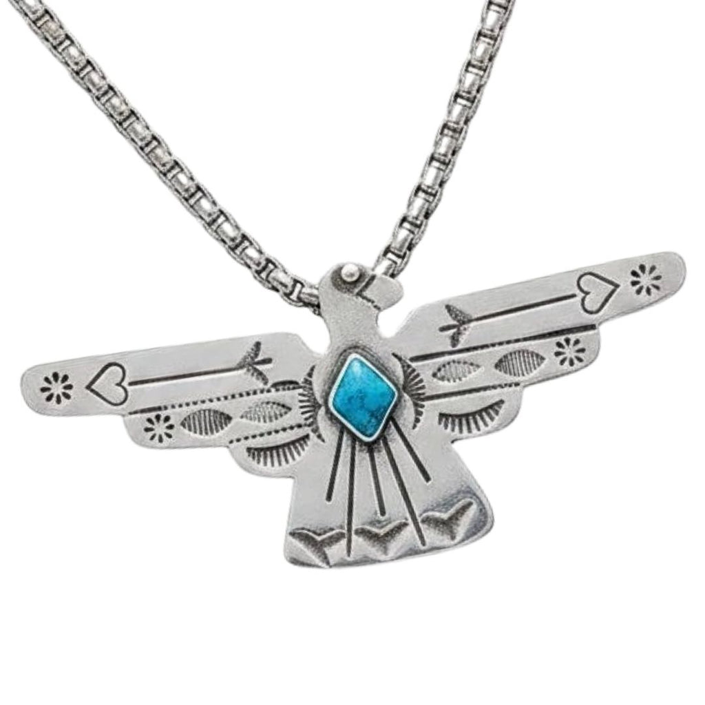A sterling silver Water Bird pendant necklace with a turquoise blue inlay, shown on a white background.