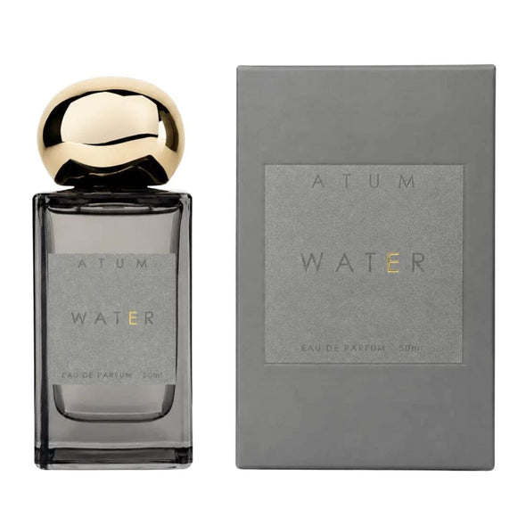 Water Eau de Parfum  Fragrance 50ml bottle with a metallic gold cap next to its gray packaging box, on a white background.