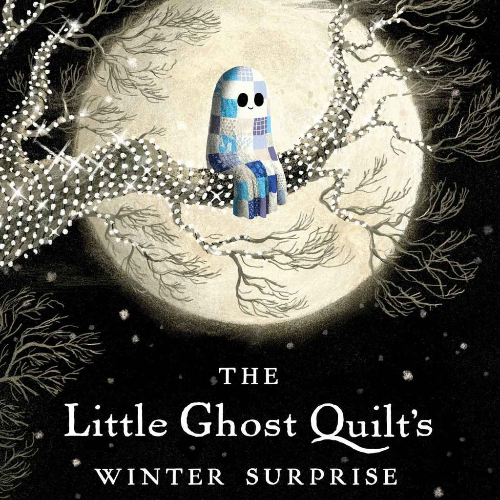 Book cover for 'The Little Ghost Quilt's Winter Surprise' featuring a small quilted ghost in blue and white sitting on bare tree branches in front of a large full moon.