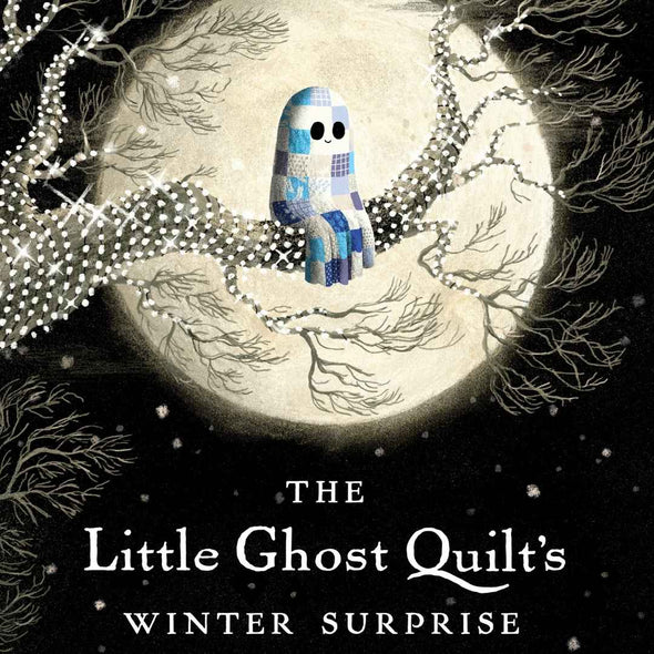 Book cover for 'The Little Ghost Quilt's Winter Surprise' featuring a small quilted ghost in blue and white sitting on bare tree branches in front of a large full moon.