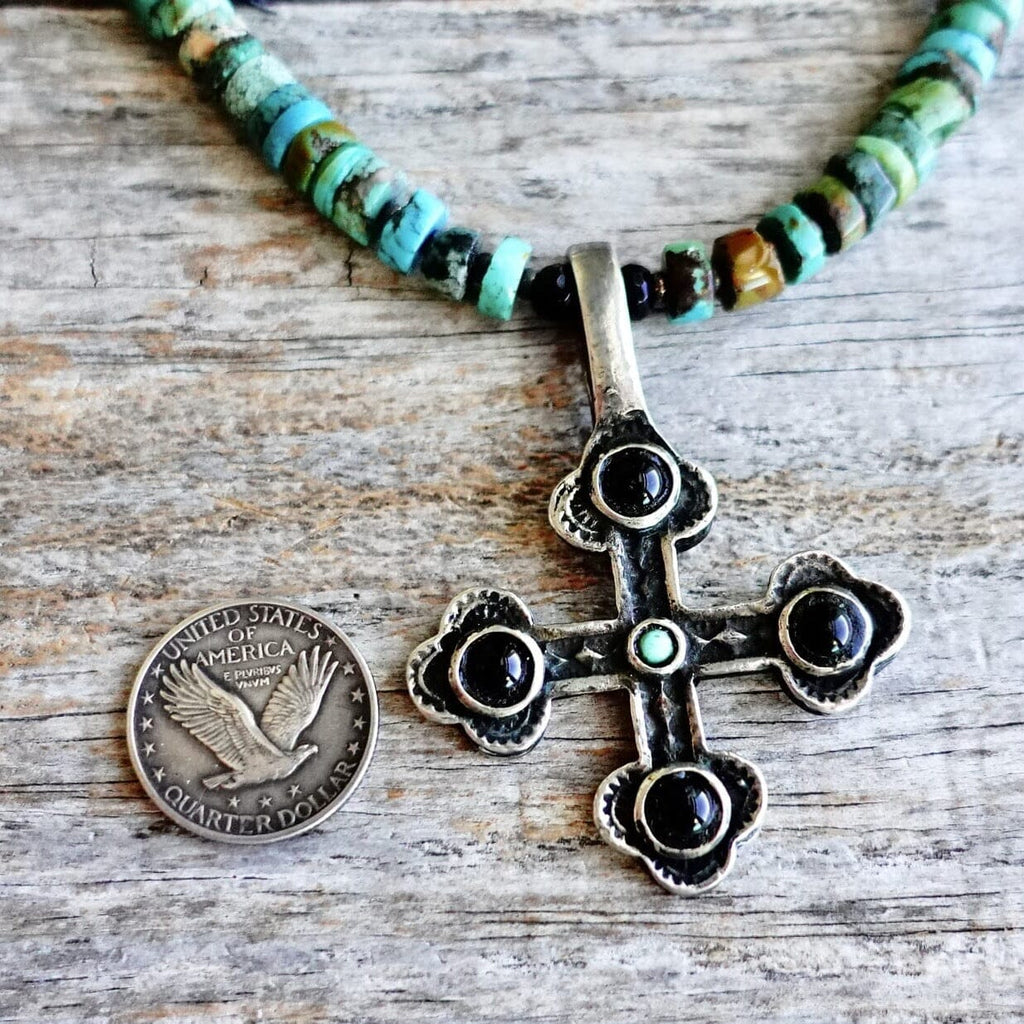 Turquoise & Onyx Cross Necklace