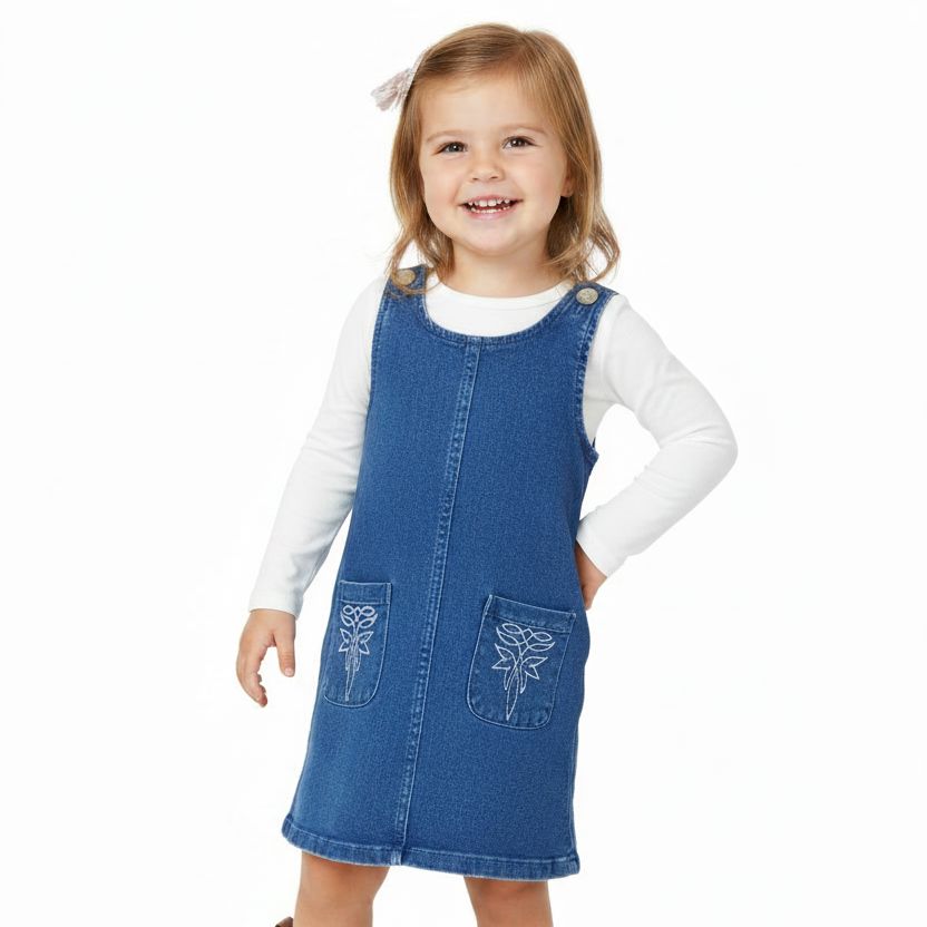 Denim Boot Stitch Toddler Dress with White Blouse