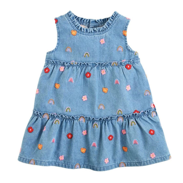 Girls Rainbow Flower Denim Dress
