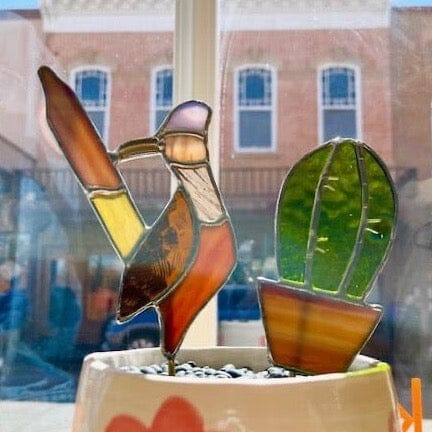 Stained glass cactus & roadrunner