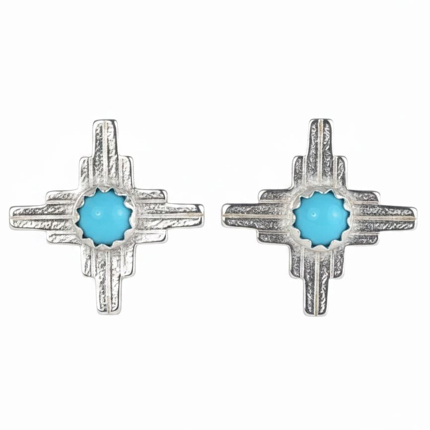 A pair of sterling silver Zia geometric stud earrings with a central turquoise blue stone, shown on a plain white background.