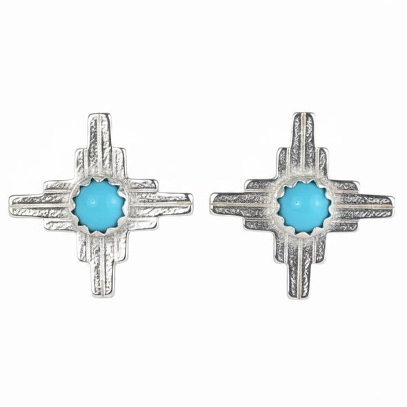 A pair of sterling silver Zia geometric stud earrings with a central turquoise blue stone, shown on a plain white background.