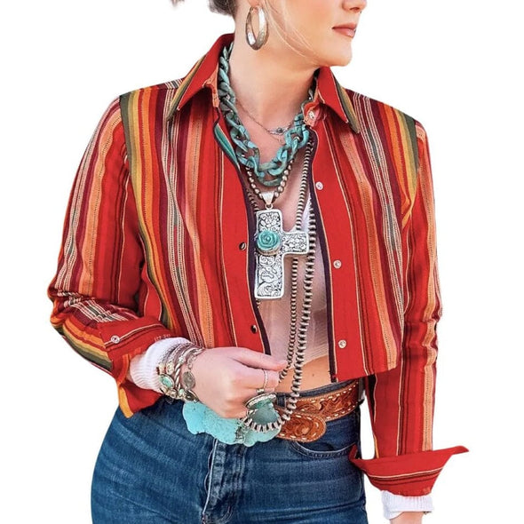 Cropped Red Serape Snap Button Shirt