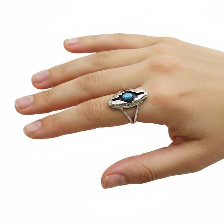 Shadow Box Turquoise Ring on Female Hand