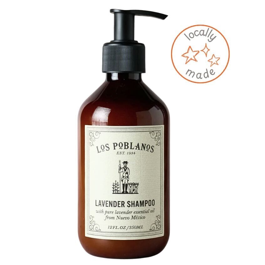 Los Poblanos lavender shampoo bottle with a pump on a white background, featuring a 'locally made' badge.