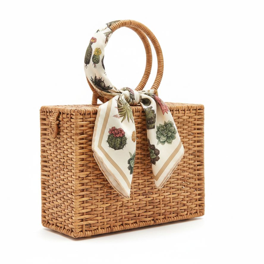 Silk Cactus Scarf on Rattan Bag