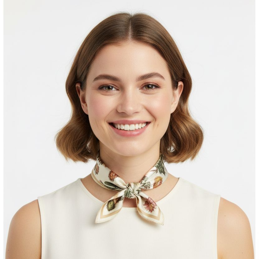 Silk Cactus Scarf  tie on female model in Small French Neck Knot