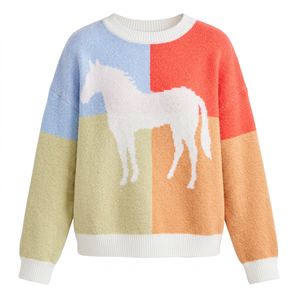 Color Block Horse Sweater on White background
