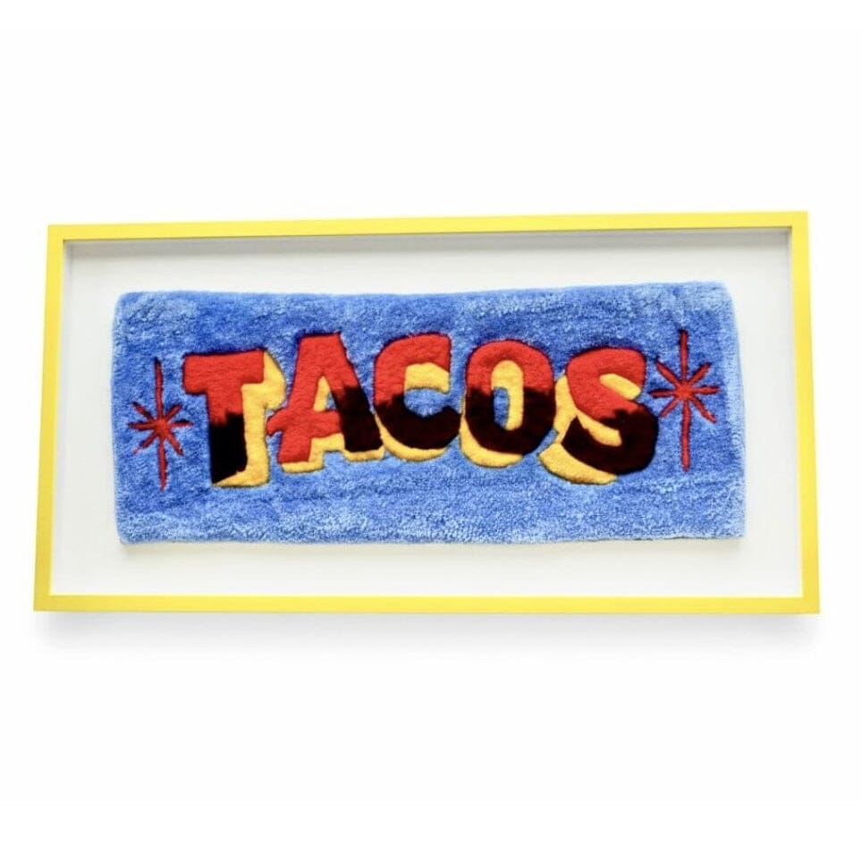 Hand Woven Tacos Sign Framed in Yellow