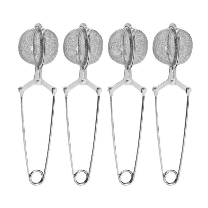 A set of four silver stainless steel tea strainers with fine mesh infusers and loops for hanging.
