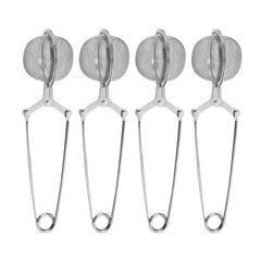 A set of four silver stainless steel tea strainers with fine mesh infusers and loops for hanging.