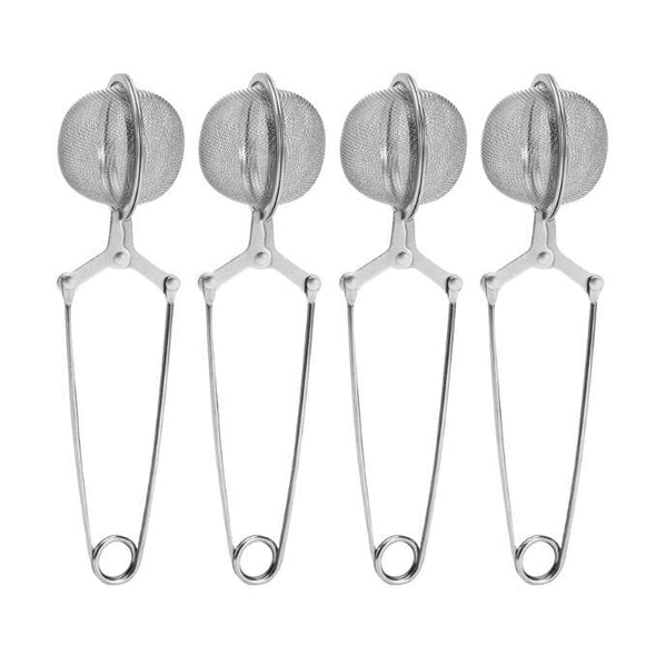 A set of four silver stainless steel tea strainers with fine mesh infusers and loops for hanging.