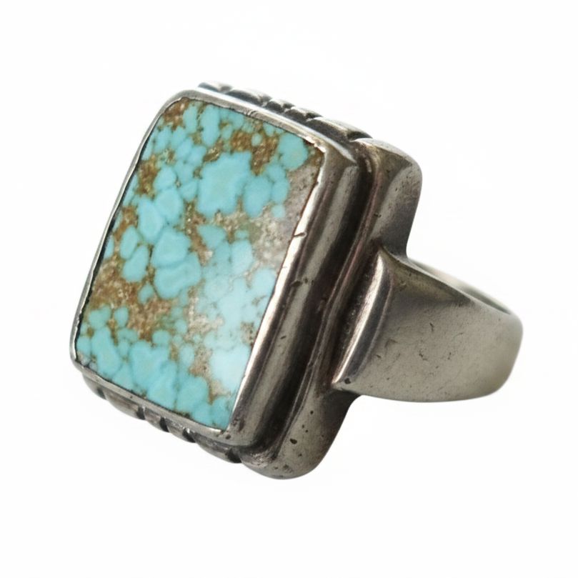 Vintage sterling silver square signet ring with rare blue water web birdseye turquoise stone