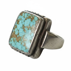 Vintage sterling silver square signet ring with rare blue water web birdseye turquoise stone