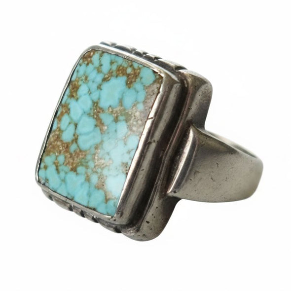 Vintage sterling silver square signet ring with rare blue water web birdseye turquoise stone