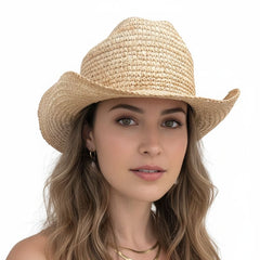 Woman Wearing Raffia Cowboy Hat - Proportional Fit