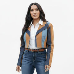 Model wearing Women's Denim Stripe Cropped Blazer with retro camel color block paneling with white shirt