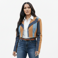 Model wearing Women's Denim Stripe Cropped Blazer with retro camel color block paneling with white shirt