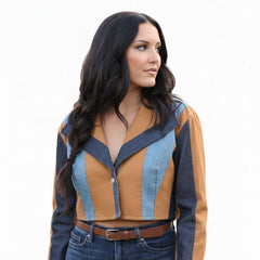 Model wearing Women's Denim Stripe Cropped Blazer with retro camel color block paneling