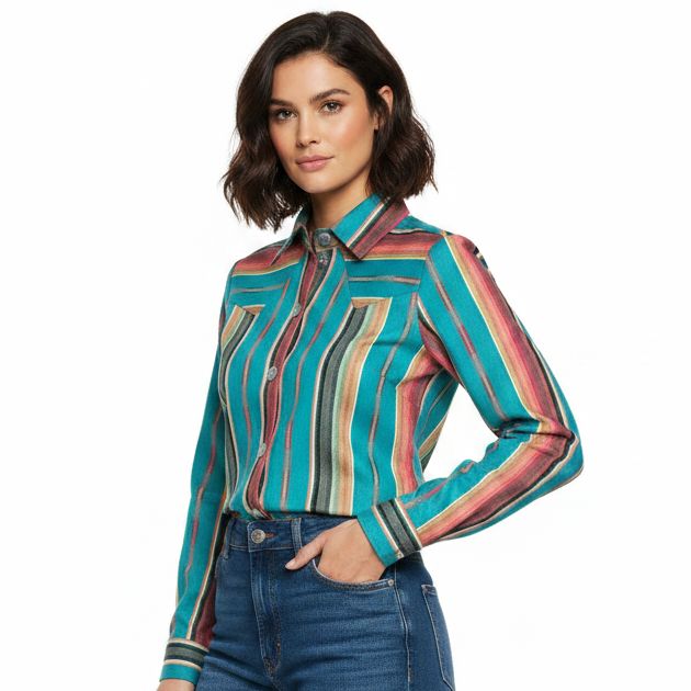 Women's Southwest Serape Stripe Shirt in turquoise tones showing western yoke detail